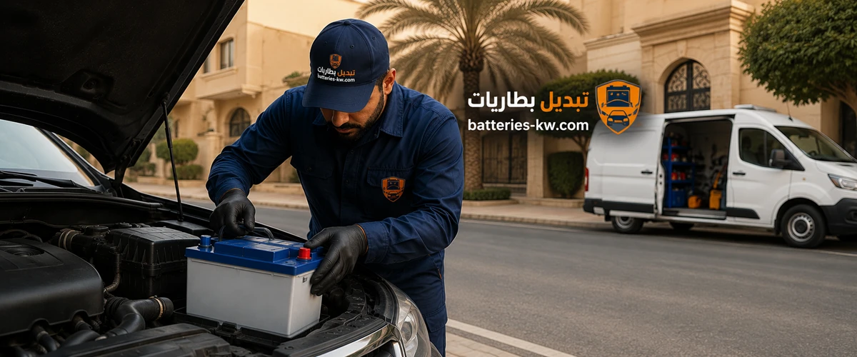 فني يقوم بتبديل بطارية سيارة في الكويت - ورشة "بطاريات الكويت" المتنقلة